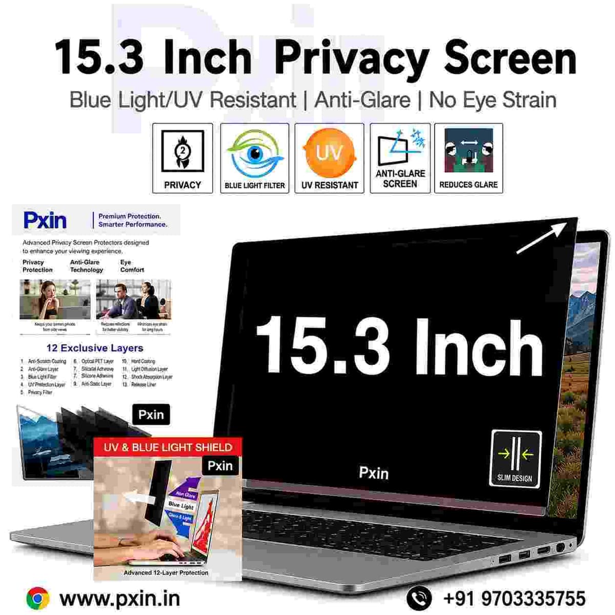 15.3 inch (16:10) Laptop Pro Privacy (Anti Blue Light & Anti Glare) Screen Guard - Image 1